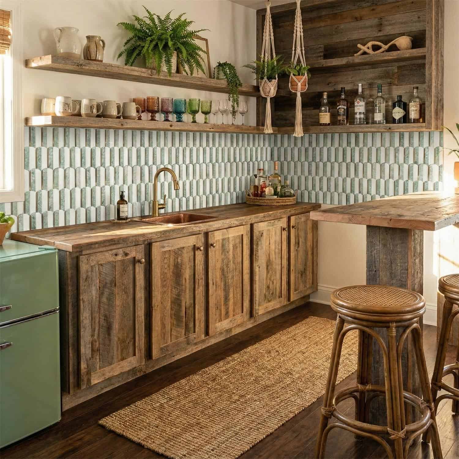 Blue textured ceramic tile backsplash in a rustic kitchen setting.
