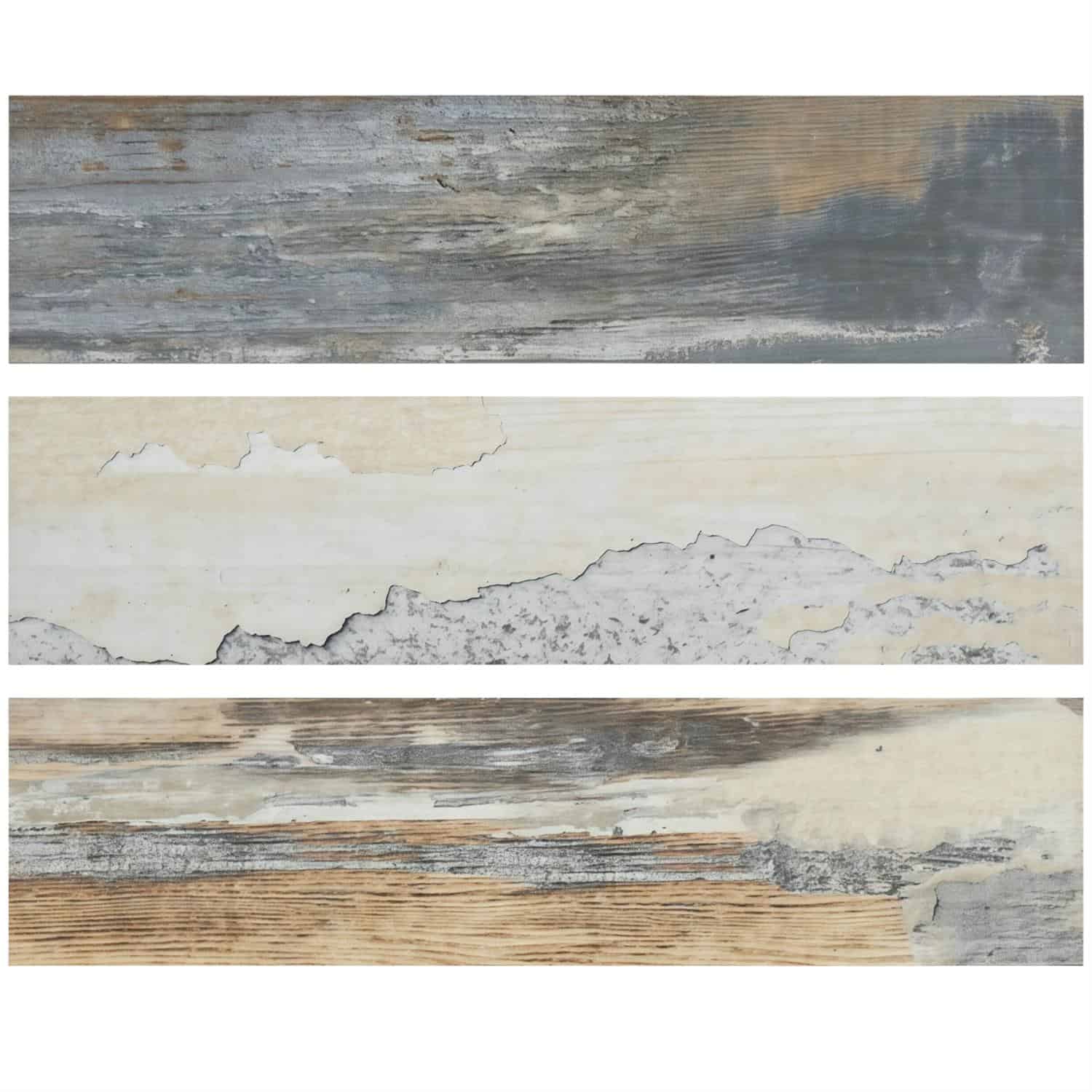 Up of rustic peel and stick wall tiles with weathered wood appearance.
