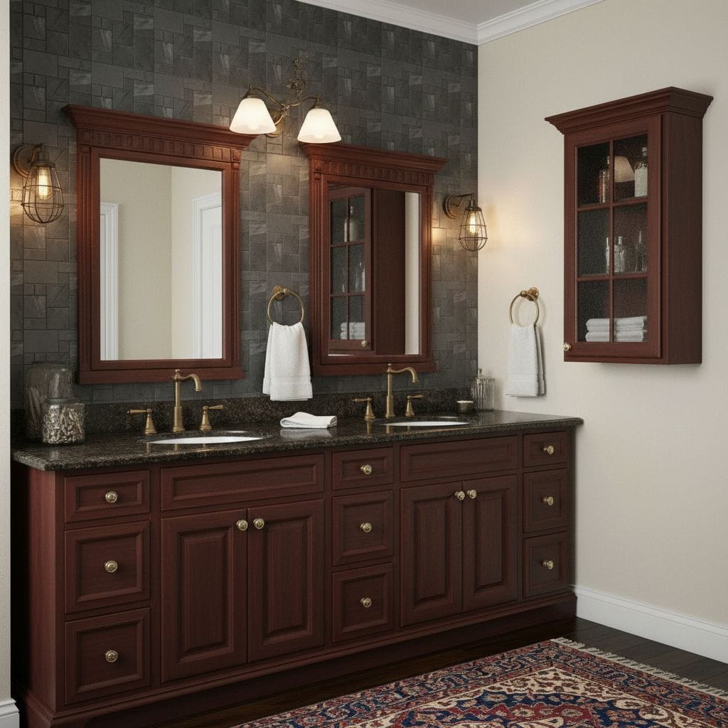 A bathroom vanity featuring dark wood cabinets with gold knobs, a black granite countertop, and matching wall-mounted cabinet.