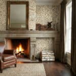 A cozy living room featuring a fireplace with a shell tile surround, complemented by a large mirror, books, and natural light.