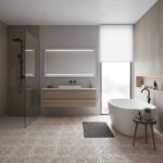 Neutral beige textured ceramic tile with intricate patterns, suitable for bathroom floors and walls, creating a contemporary.