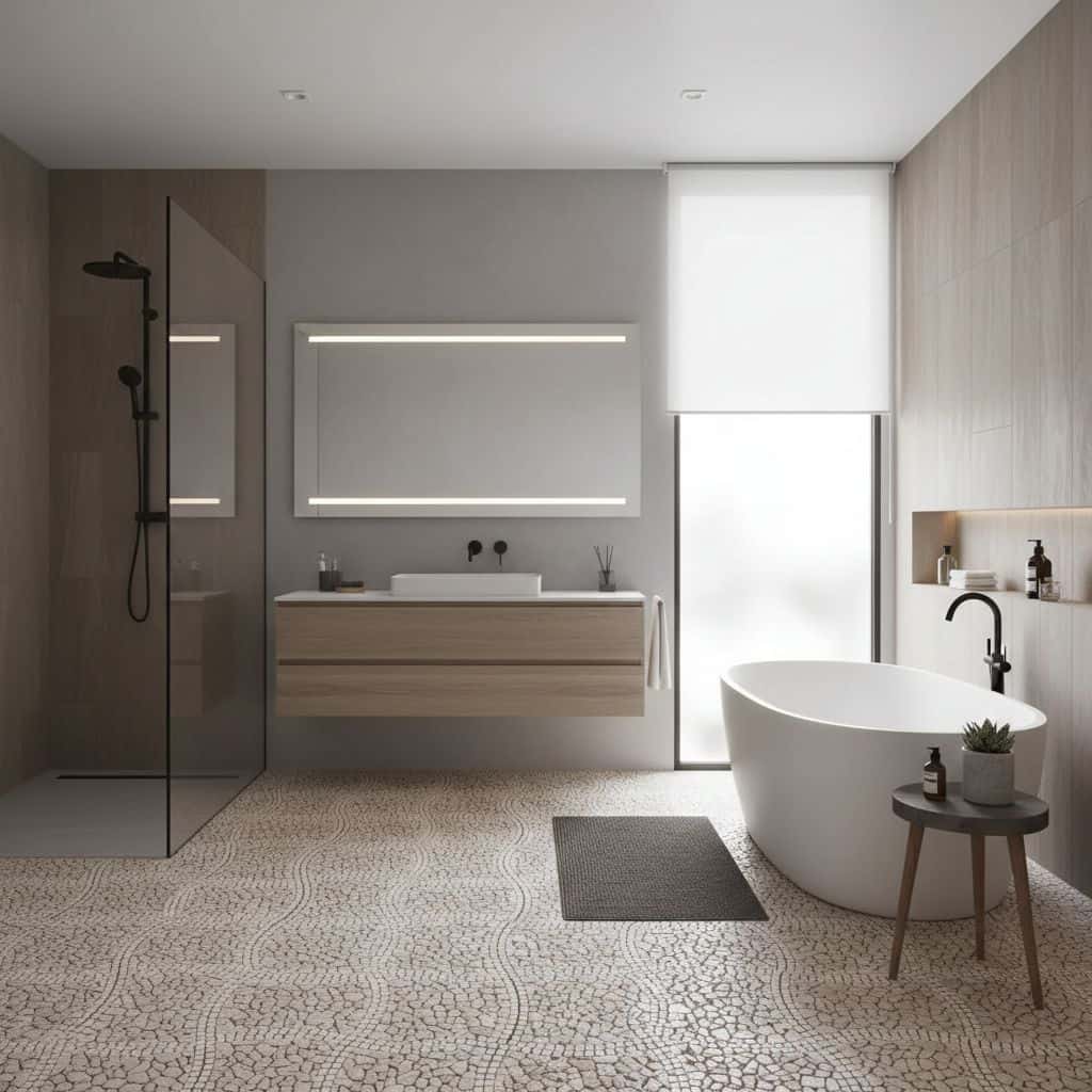 Neutral beige textured ceramic tile with intricate patterns, suitable for bathroom floors and walls, creating a contemporary.