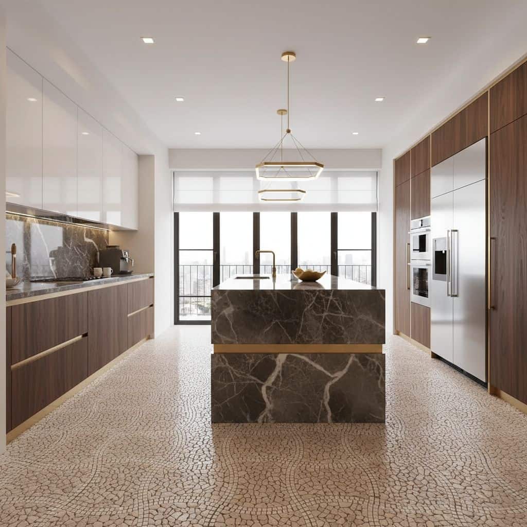 Describe tile color, texture, and.