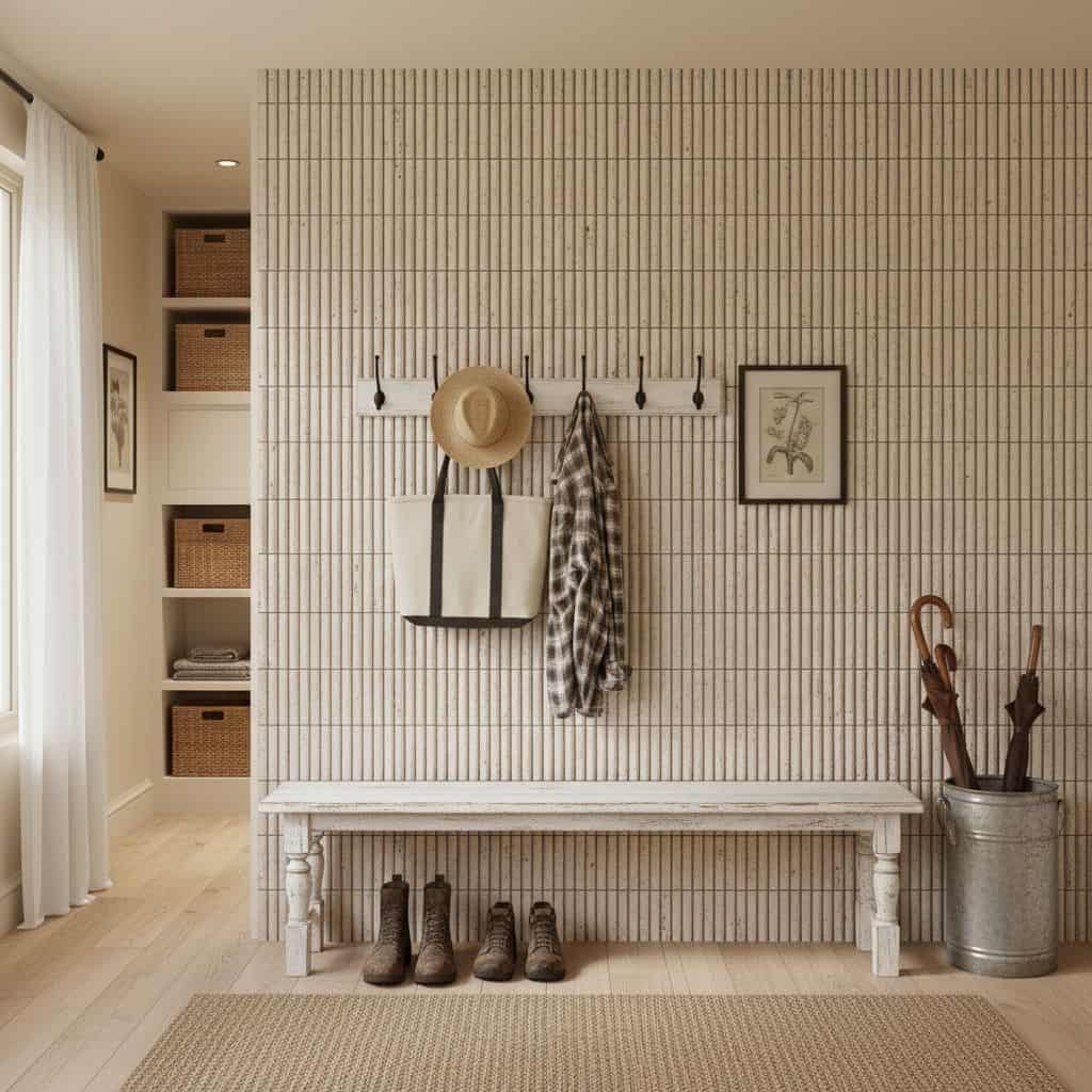 Wall panel with beige textured tiles, natural fiber hat, and hanging accessories.