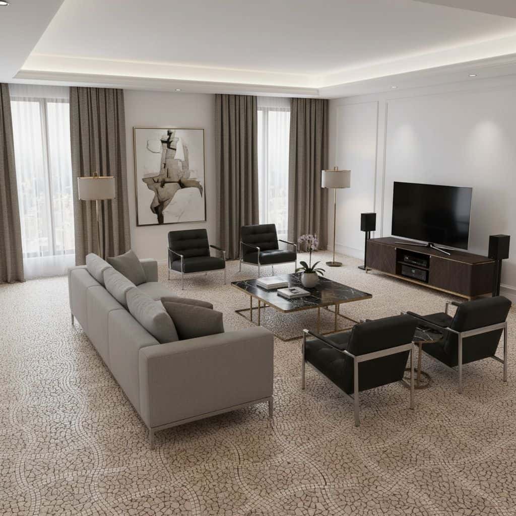 A spacious living room with a beige textured carpet, white walls, and modern furniture including a gray sofa and black armcha.