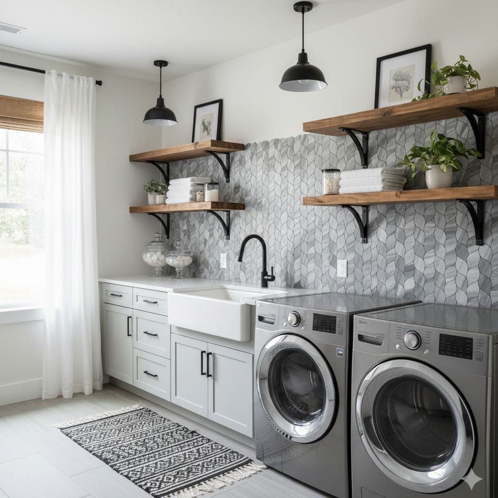 Modern laundry room with peel and stick tile backsplash, washer, dryer, and open wooden shelves.