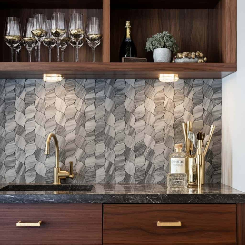 Modern kitchen backsplash with peel and stick tiles, gold fixtures, and decorative accents.