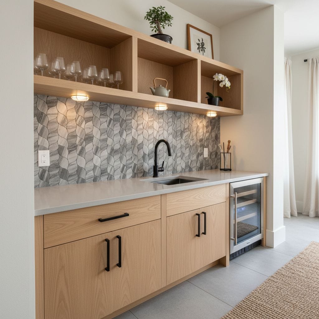 Bright kitchen featuring peel and stick wall tile, countertop, and open shelving.
