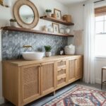 Modern bathroom vanity with peel and stick tile backsplash, wooden cabinet, and decorative wall shelves.