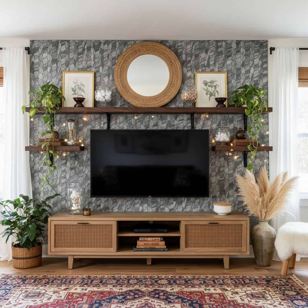 Modern living room with peel and stick wall tile behind TV, featuring decorative shelves and plants.