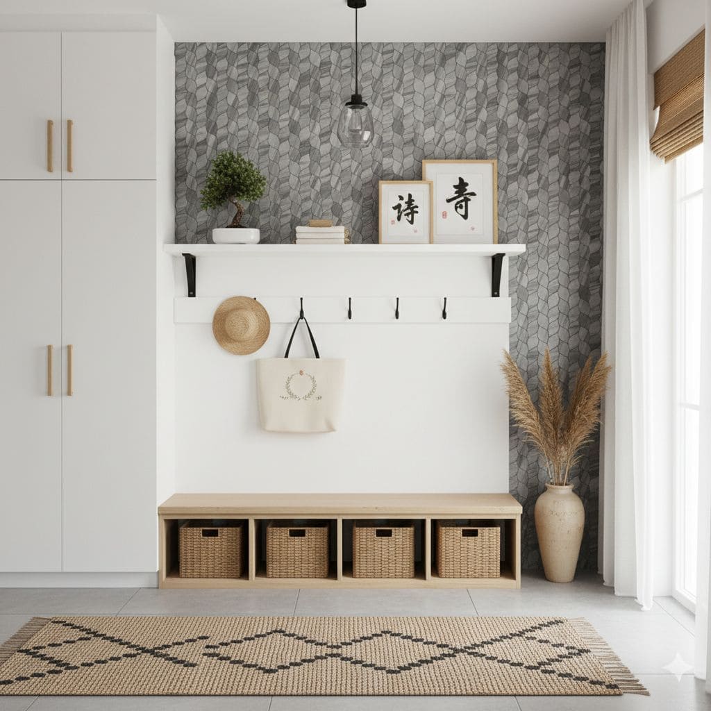 Decorative peel and stick tile wall in a modern entryway.