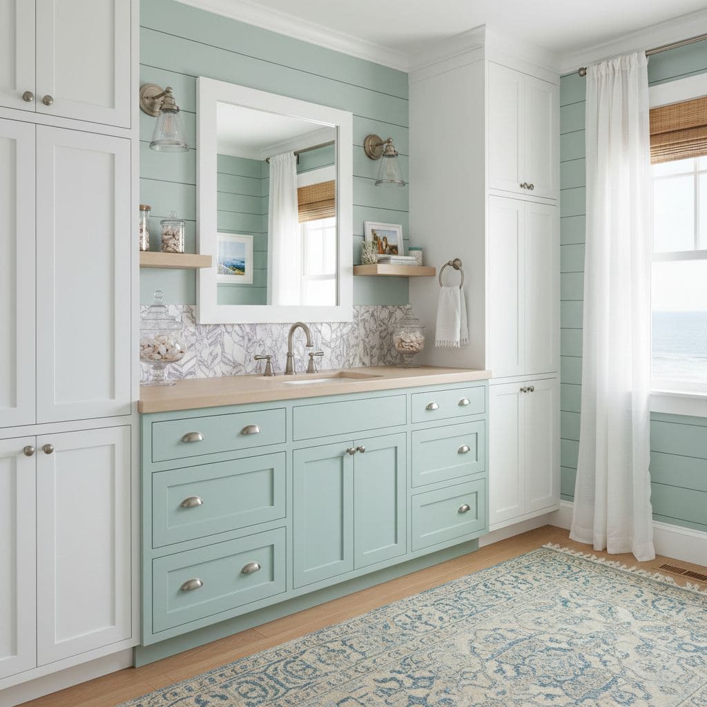 Light blue bathroom vanity with peel and stick tile backsplash, mirror, and window with curtains.