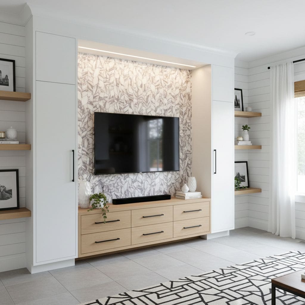 Modern living room with peel and stick wall tile behind flat-screen TV, featuring a light wood cabinet and decorative accents.