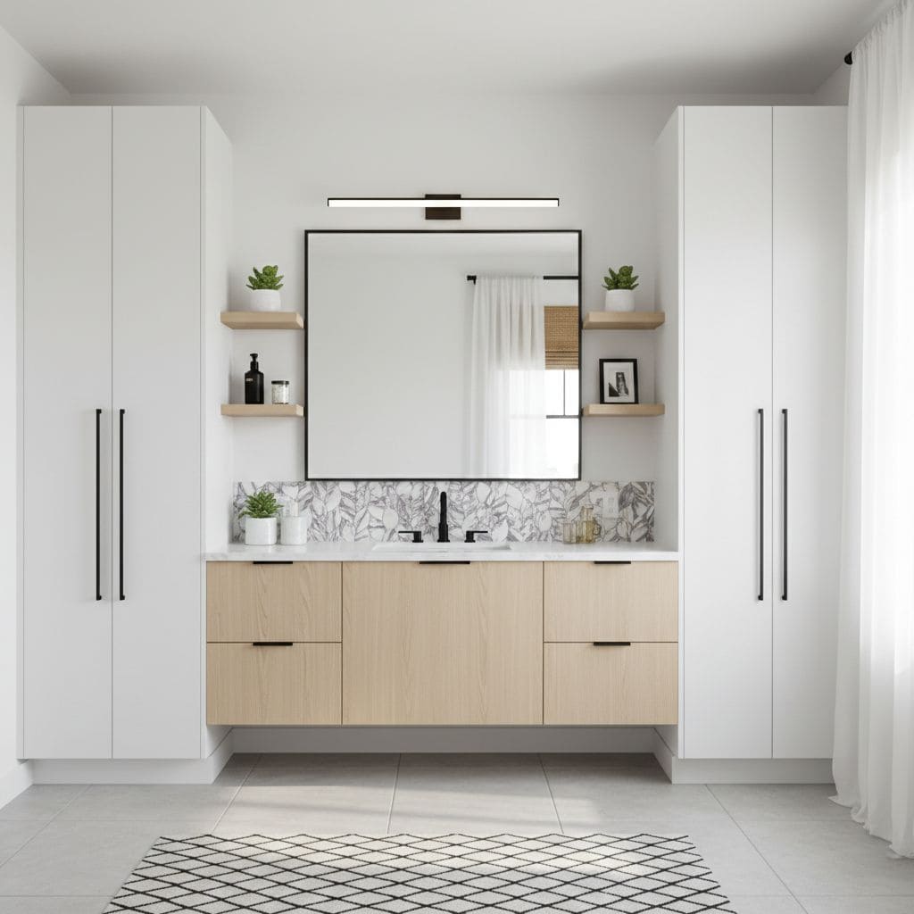 A modern bathroom vanity with peel and stick wall tiles, minimalist design, and natural wood accents for a sleek look.