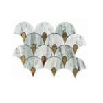 Elegant marble tiles with a white and gray veined pattern and gold accents.
