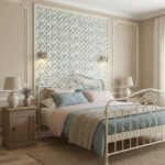 Light blue and beige textured ceramic wall tile in a bedroom setting.