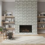 Decorative leaf-patterned tile in soft neutral tones for fireplace wall.
