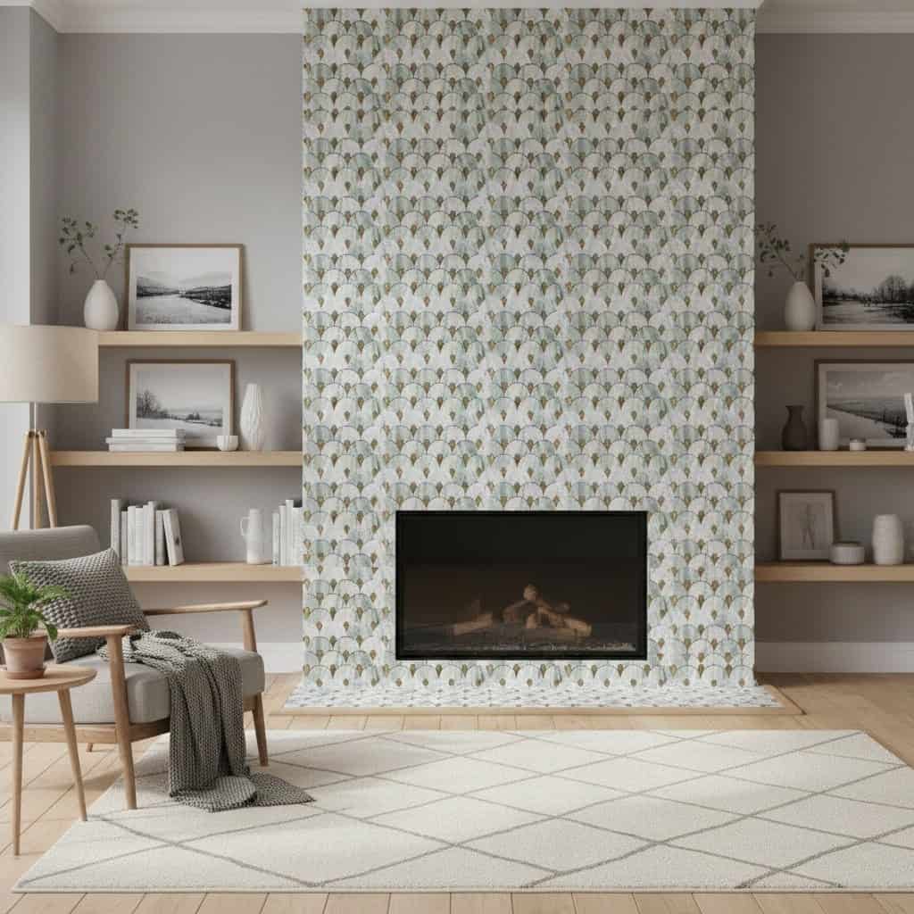 Decorative leaf-patterned tile in soft neutral tones for fireplace wall.