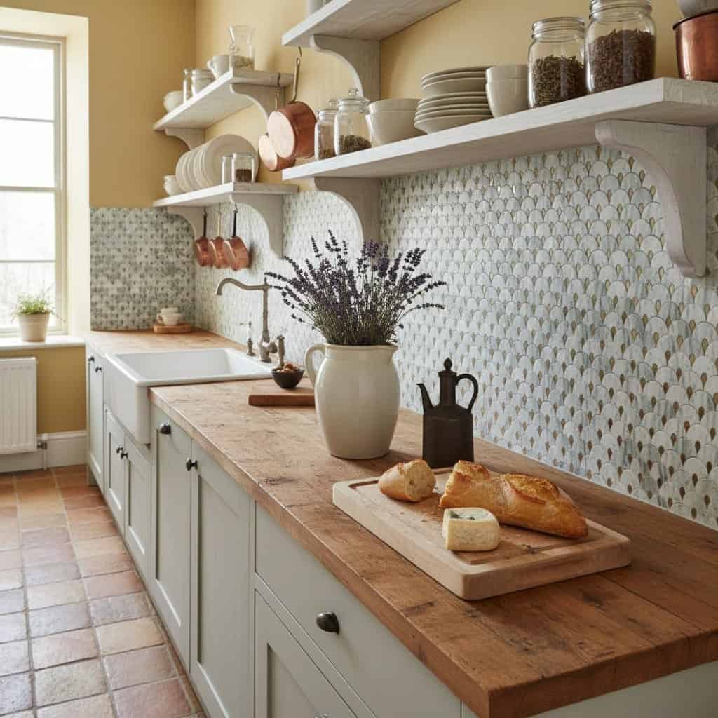 Bright kitchen with white and blue patterned ceramic tiles on the wall, complemented by a wooden countertop and open shelves.