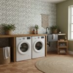 Light green patterned wall tiles with a subtle texture, complementing the natural wood accents and creating a fresh, inviting.