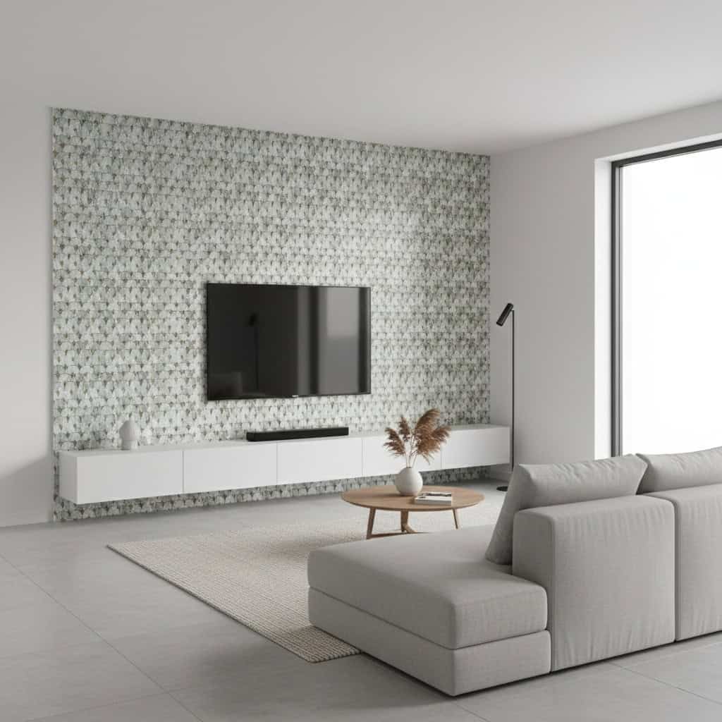 Modern gray geometric patterned tile wall with textured surface in a contemporary living room setting.