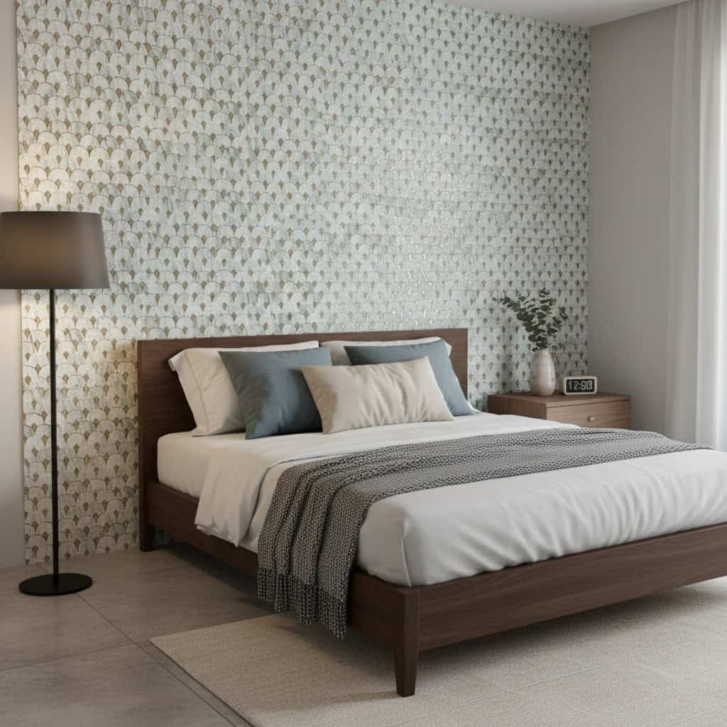 Soft pastel floral wallpaper with textured finish, perfect for bedroom accent walls.