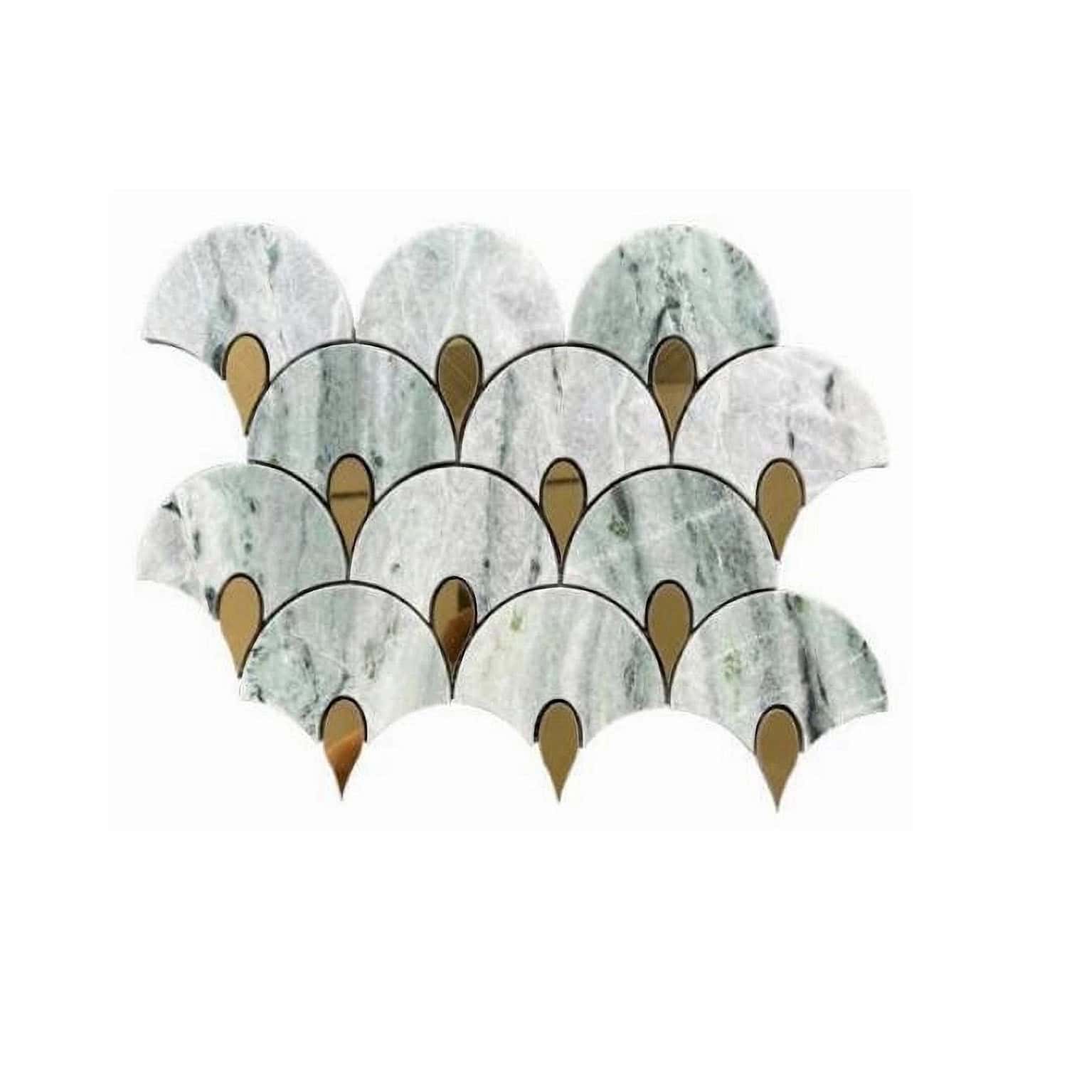 Elegant marble tiles with a white and gray veined pattern and gold accents.