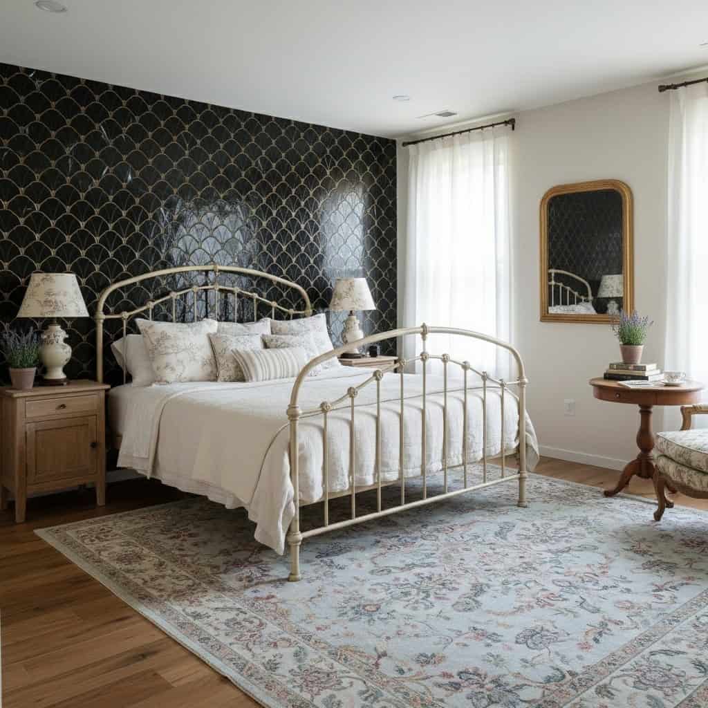 Elegant black and gold patterned tile on bedroom accent wall, adding a luxurious touch to the space.