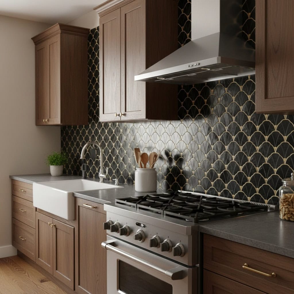 Dark geometric patterned tile backsplash with gold accents behind stove.