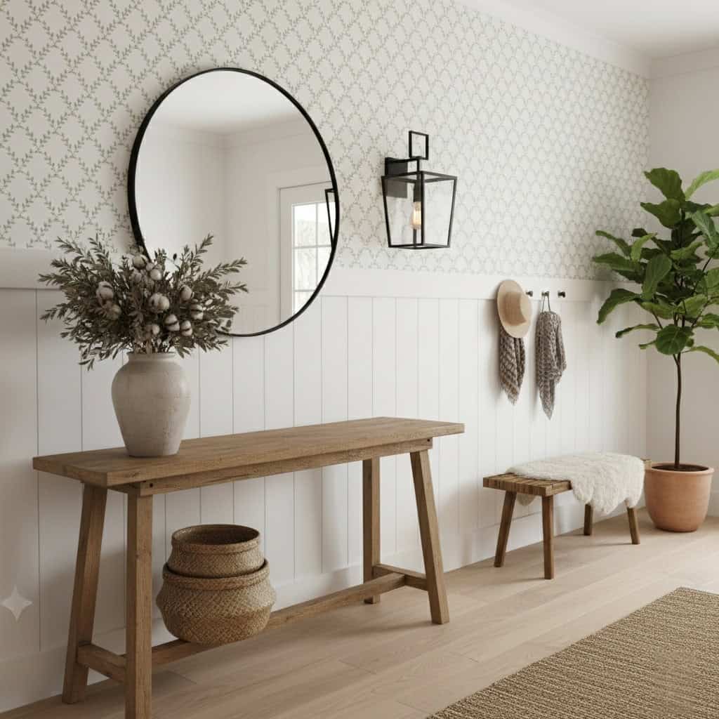A cozy entryway with a wooden bench, potted plant, and decorative wall accents in a bright, modern interior.