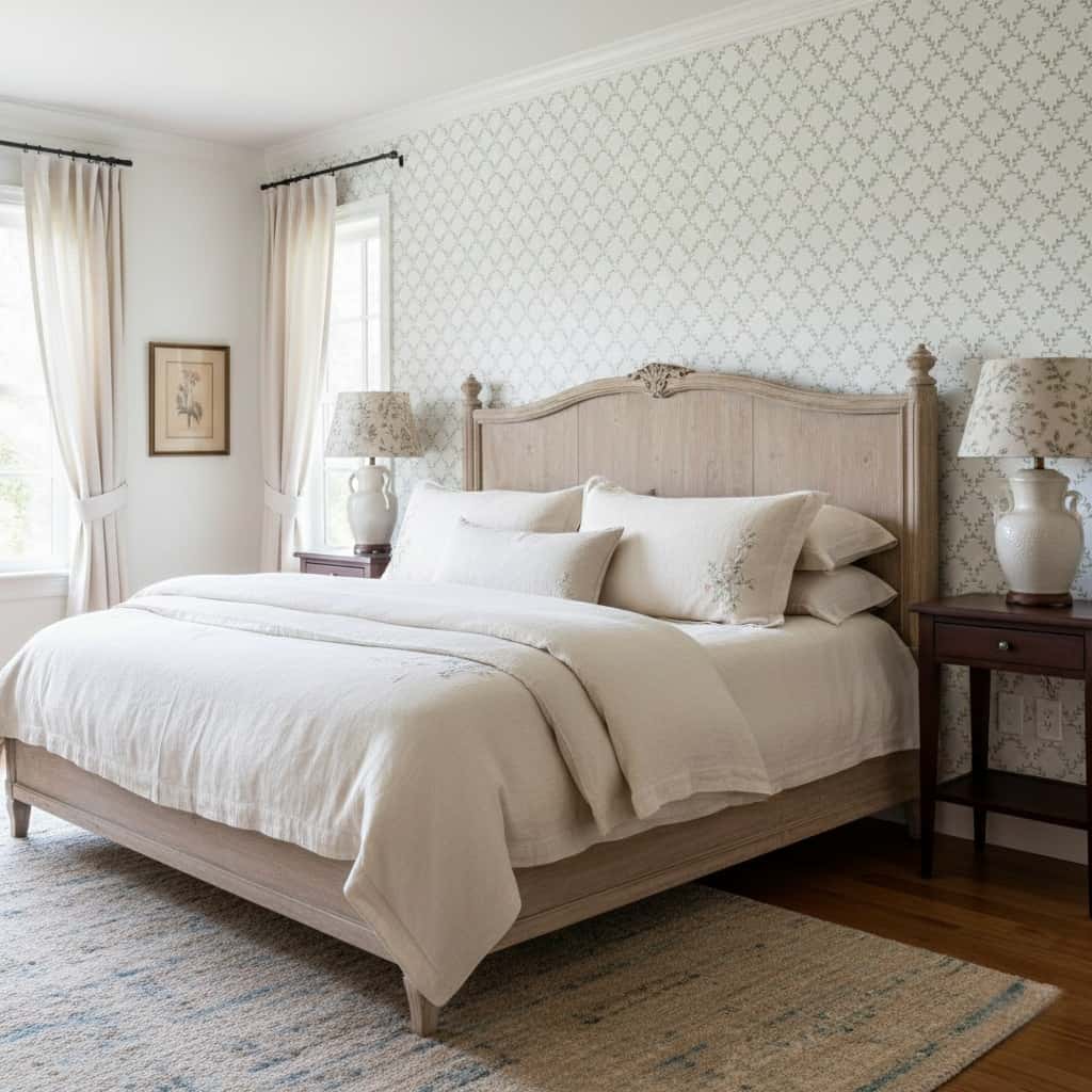 White and beige textured wallpaper, soft bedding, and natural light create a cozy atmosphere.