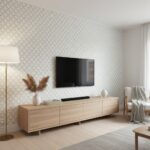 Beige wallpaper with subtle geometric pattern, smooth texture, and matte finish.