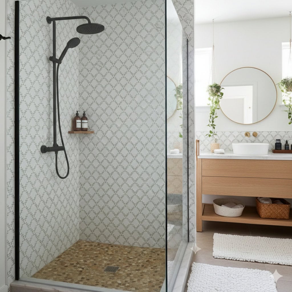 Patterned wall tiles in soft beige and white, textured surface, modern shower fixtures.
