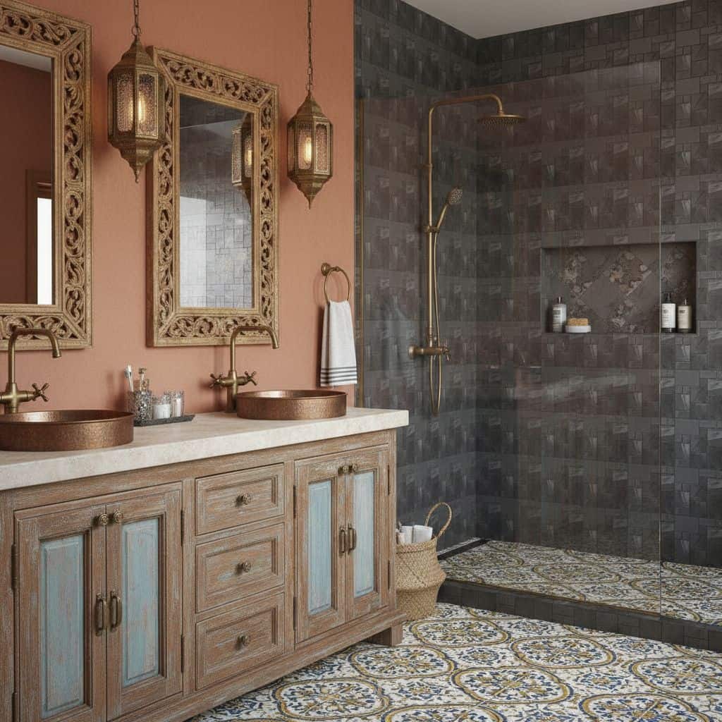 Elegant bathroom with copper sinks, intricate mirrors, and a textured tile shower. Warm tones and detailed design create a lu.