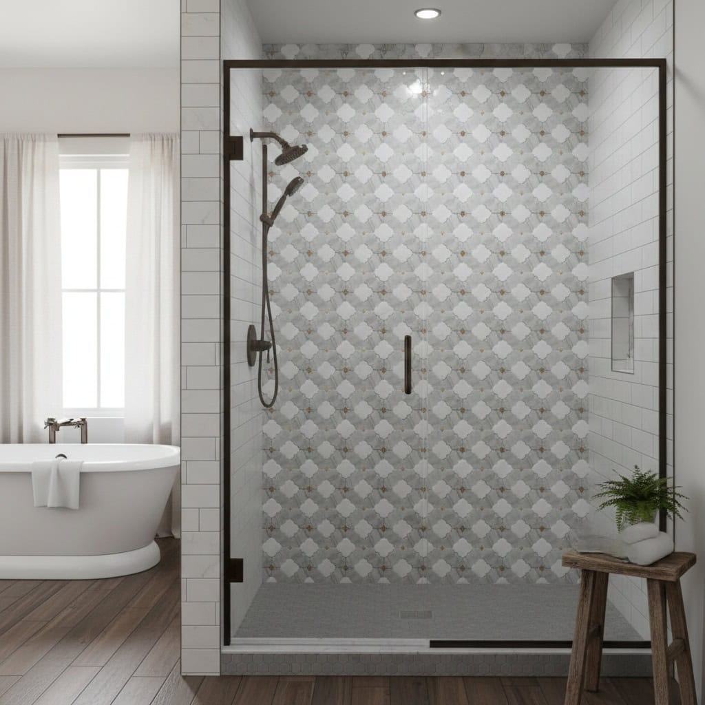 Elegant geometric patterned tile in neutral tones for shower walls.
