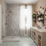 A bathroom featuring a walk-in shower with hexagon tiles in shades of gray, paired with a rustic wooden vanity and elegant li.