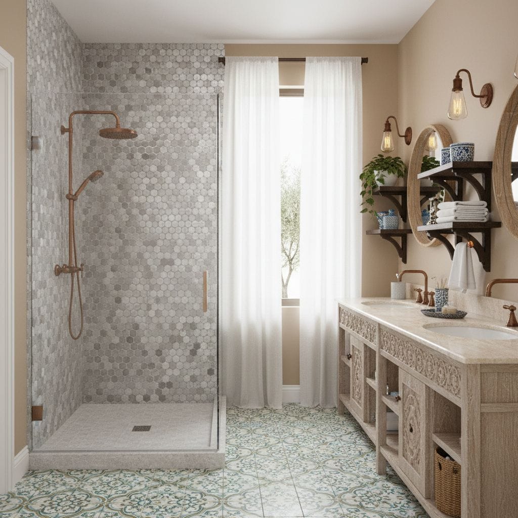 A bathroom featuring a walk-in shower with hexagon tiles in shades of gray, paired with a rustic wooden vanity and elegant li.