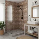 Mother of pearl shell tile used on bathroom shower wall, creating a luxurious and natural aesthetic with iridescent seashells.