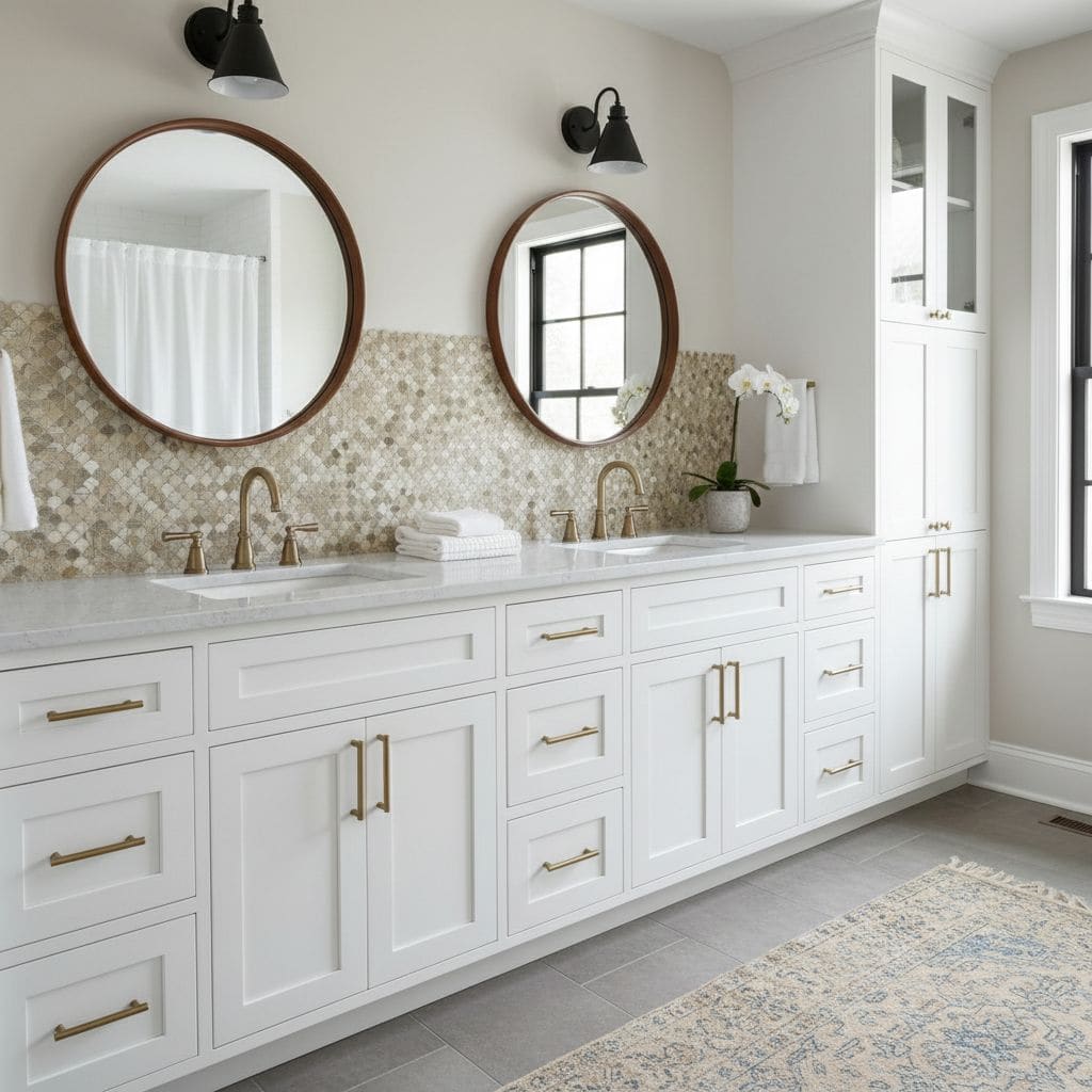 Modern bathroom with white vanity, dual wall mirrors, and natural light, showcasing elegant design and functional space.