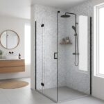 Glass tile shower with mosaic backsplash and modern fixtures.