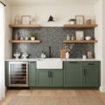 Bright green kitchen with peel and stick tile backsplash and open wooden shelves.