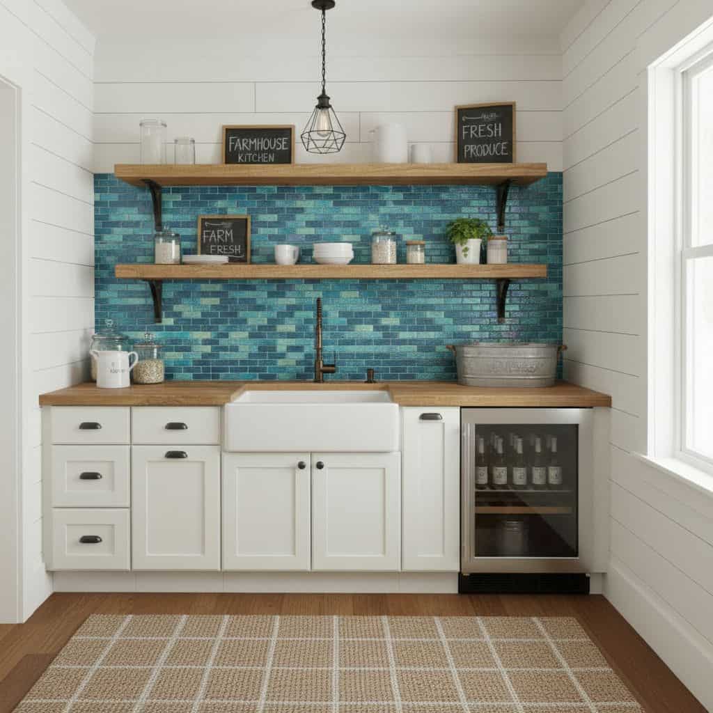 Bright kitchen featuring a blue glass tile backsplash and white cabinetry.