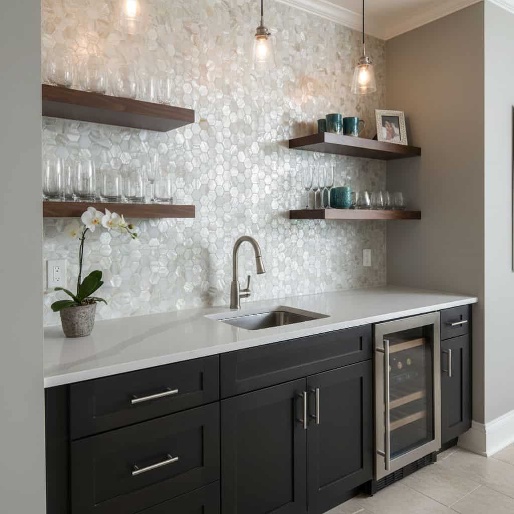 A modern kitchen featuring a stunning mother of pearl shell tile backsplash with floating wooden shelves and sleek black cabi.