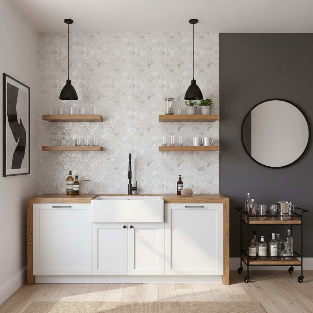 Mother of pearl shell tile backsplash in a modern kitchen with white cabinetry and floating wooden shelves.