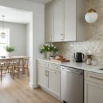 Mother of pearl shell tile backsplash in a modern kitchen with white cabinetry and gold hardware.