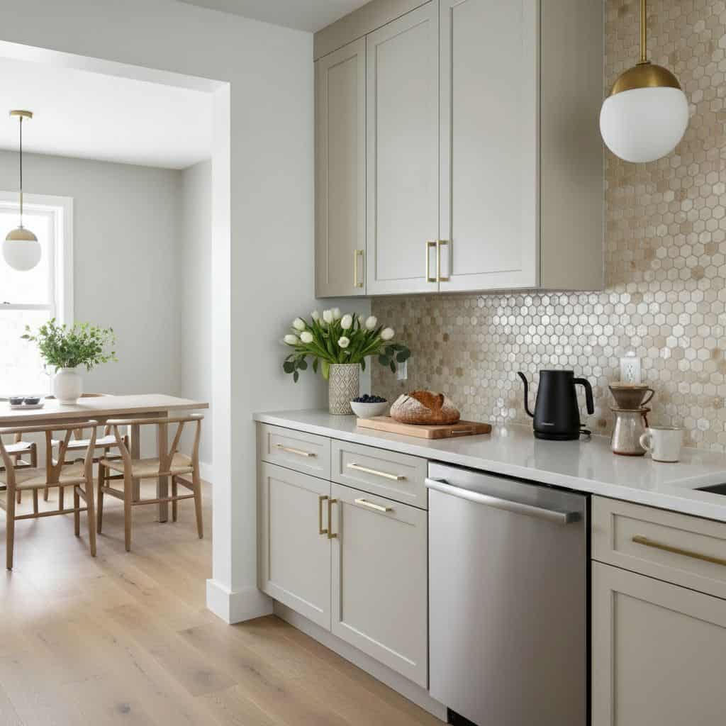 Mother of pearl shell tile backsplash in a modern kitchen with white cabinetry and gold hardware.