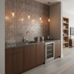 Seashell tile backsplash in a contemporary kitchen with wooden cabinets and minimalist design elements.