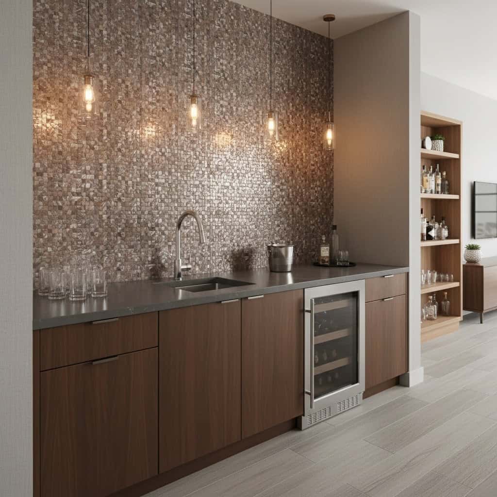 Seashell tile backsplash in a contemporary kitchen with wooden cabinets and minimalist design elements.