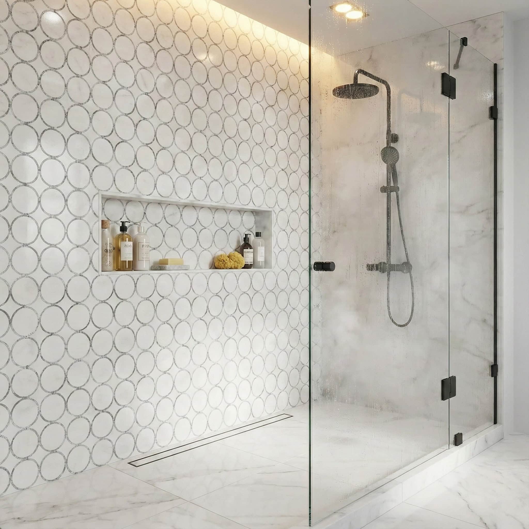 Bright white circular tile pattern with smooth marble surfaces in a sleek shower design.