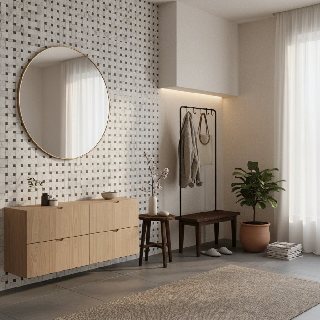 Light-colored textured wall tiles with a subtle pattern, complementing the minimalist decor.